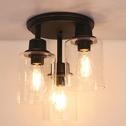 Semi Flush Mount Ceiling Light, 3-Light Close To Ceiling Light Fixtures, Vintage Oil-Rubbed Bronze Finish With Clear Seeded Glass Shade Chandelier Lighting For Stairs Porch Hallway Entryway Kitchen #TOP6