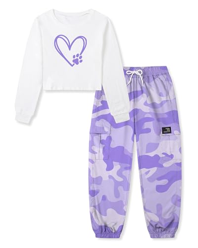 Image of Betusline Girls Fall Winter Clothing Sets, Long Sleeve Crop Top & Cargo Jogger Pants 2 Piece Outfit Sets,4T-14Y
