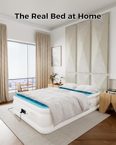 Image of Full Air Mattress with Built-in Pump, Single Air Bed with Portable Storage Bag, Suitable for Home and Guests, Top Flocking, 18 inch Full Sky Blue