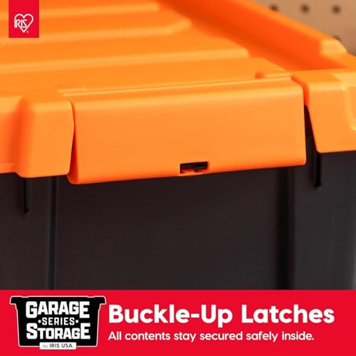 Image of IRIS USA 4 Pack 12 Gallon Lockable Storage Bins, Heavy Duty Stackable Containers with Lids for Garage Organization or Moving, Black /Orange