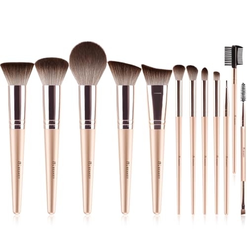 BEAKEY 12pcs Vegan Makeup Brush Set Soft high-density Taklon fibers,durable birch handles,zero shedding,easy to clean,perfect for creating any look Gold