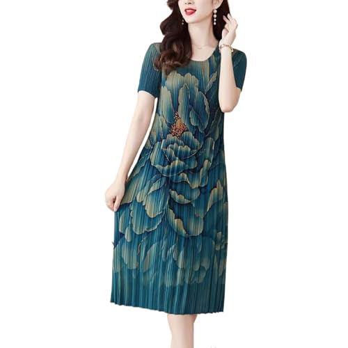 Robe midi florale pour femme robe d'été élastique mince col rond
