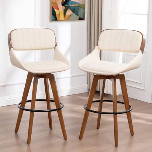 KUNZENT walnut and beige swivel bar stools with tall bar-height seat — showing the 29.5 in seat and expansive cushion that suit a 42-inch counter