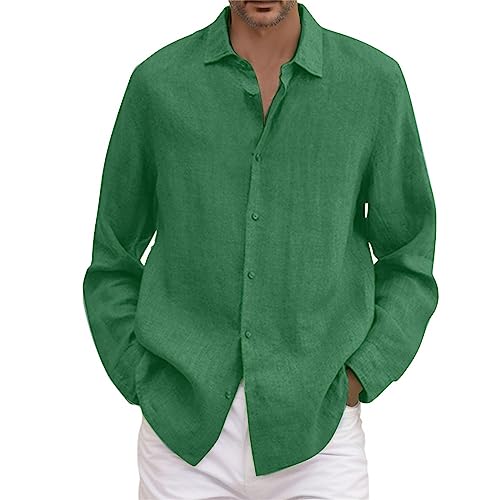 2024 Nuevo Hombre Verano Algodón Lino sólido Casual Plus Talla Camisa Holgada Hombres Cuello vuelto Camisa de manga larga Camisa fea Hombre, verde, M