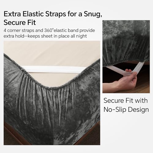 BEDELITE Velvet Fitted Sheet and Pillowcases Set, Luxury Soft Fuzzy Bottom Sheet with Reinforced Elastic Corner Straps, Deep Pocket up to 15 Inch, 1 Fitted Sheet and 2 Pillowcases (King, Grey)