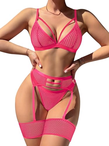 popiv Conjunto de lingerie sexy de rede para mulher, conjunto de sutiã e cuecas de renda com cinta, 4 peças, Rosa