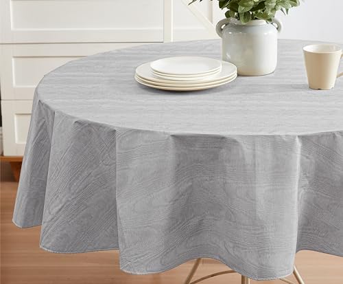 Newbridge Vinyl Flannel Backed Tablecloth, 70 inch Round, Grey Moire Wavy Solid Design, Heavyweight Indoor Outdoor Waterproof Table Cover, Easy Care Wipe Clean by Newbridge - Image 5