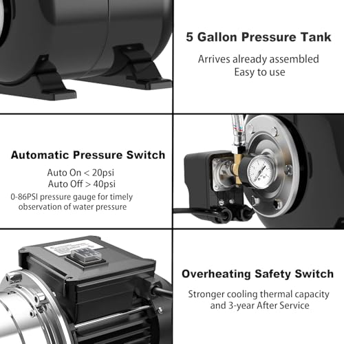 Lanchez 1.6 HP Shallow Well Pump with Pressure Tank, 1340 GPH Automatic Irrigation Water Booster Jet Pump, 115V Stainless Steel Water Transfer Pump for Home Garden Lawn Sprinkler Irrigation - Thumbnail 7