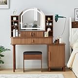 XUZENEST Vanity Desk Set with Mirror and LED Lights, 47' Modern Makeup Vanity with Fluted Sliding Doors, Glass Tabletop Vanity Table with Charging Station, 2 Drawers & Lots Storage Space (Walnut)