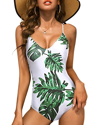 Ekouaer One Piece Swimsuits Women Bathing Suit V Neck Swimwear Tummy Control Monokini Sexy Cross Backless Swimming Suits White Green