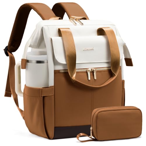 Image of LOVEVOOK Laptop Backpack for Women with Giant Tumbler Holder, 15.6 Inch Work Laptop Bag with USB Port, Fashion Teacher Nurse Backpack Purse, Waterproof Travel Computer Backpack, 2PCS,Off-white-Yellow
