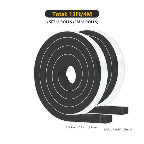 Image of Foam Weather Stripping Tape,High Density CR,1 in x 1 in x 13Ft | Weather Stripping Door Seal Strip for Insulating Door Frame, Window, Air Conditioner,Self Adhesive Sealing Weatherstrip,Black