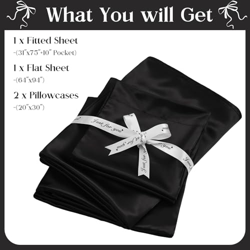 Image of SiinvdaBZX 4-Piece Cot Sheet Set 31 inch x 75 inch, Black Satin Cot Size Sheets Silky Soft Rv Bunk Bed Sheets for Narrow Twin /Camp Bunk /Guest Beds /Army Cots /Trifold Mattress