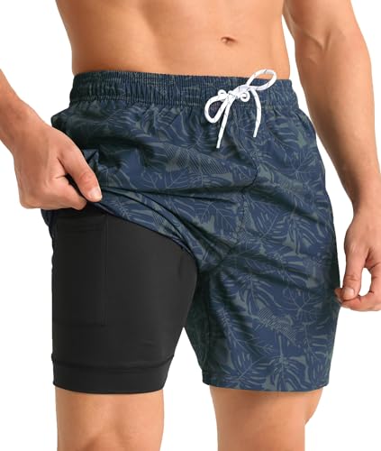 APTRO Herren Badehose Badeshorts Schwimmhose Board Shorts Kurz Schnelltrocknend 2 in 1 Strand Shorts mit Innenhose Blau ...