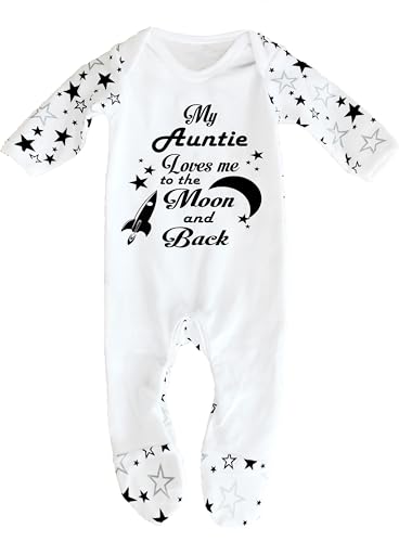 My Auntie Loves Me to the Moon and Back Schlafstrampler für Neugeborene, Baumwolle, für Baby, Nichte und Neffe, perfekt, Weiß/Schwarze Sterne, 6- 12 Monate