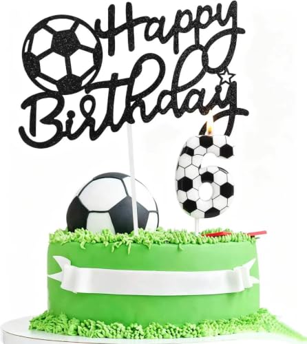 Soccer Birthday Decorations Set,Black and White Soccer Birthday Number 6 and Football Cake Cupcake Toppers Decorations for Soccer Sport Theme Boy Teenager Party Supplies Gifts