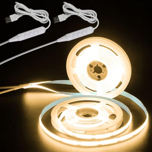 Image of Aclorol 2 Pack USB COB LED Strip Lights 6ft 5V Dimmable LED Lights for TV | Warm White 3000K, CRI85+, 8mm Width, Flexible Tape Light for Display Cabinet Living Room Bedroom DIY Lighting Decoration