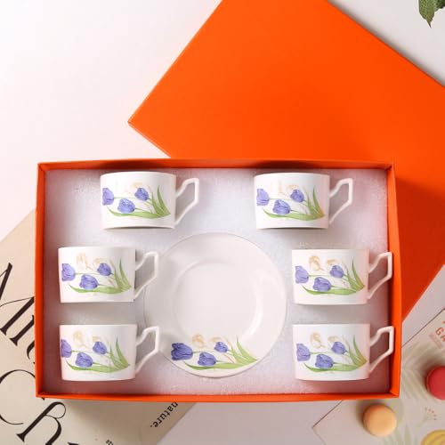 セット カップ&ソーサー チューリップ柄 ティーカップセット セラミック ウォーターカップ 可愛い コーヒーカップ 耐熱皿 来客用 自宅 結婚式 ?影小物 クリスマス 水 お茶 珈琲 アイスティー シンプル (A6)