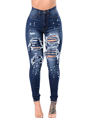 Onsoyours Ladies Skinny Stretch Jeans Destroyed with Holes Jeans High Waist Boyfriend Trousers Slim Fit Skinny Jeans Casual Basic Rips Holes Ankle Jeans Trousers A Azul 3XL