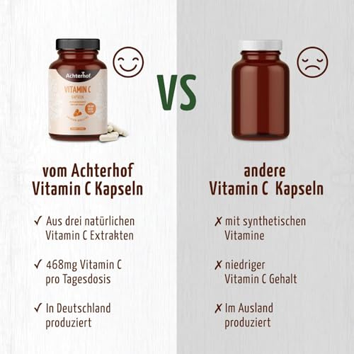 Vitamin C 180 Kapseln | natürliches Vitamin C aus Acerola-Hagebutte & Camu Camu Extrakten | hochdosiert 234 mg natürliches Vitamin-C | 100% Vegan | frei von unerwünschten Zusatzstoffen | vom Achterhof