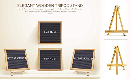 Felt-Letter-Board-10-x-10-inches-with-Wooden-Tripod-Stand-Classy-Gray-Felt-340-Changeable-White-Plastic-Letters-Gift-Box-Packaging-Oak-Frame-Wall-Mount-Hanger-Drawstring-Storage-Bag-Perfect-Gift