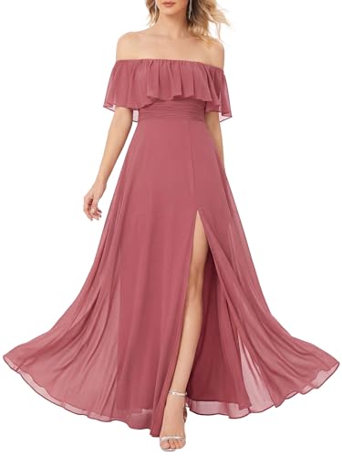 Image of Ever-Pretty Women's Summer Off The Shoulder Flowy Chiffon Formal Wedding Guest Dresses Maxi Side Split Beach Bridesmaid Dress