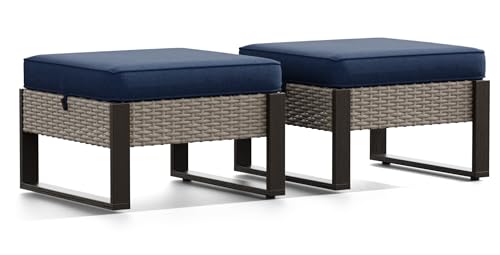 Joyside Outdoor Patio, All-Weather PE Rattan Ottomans Footstools with Removable Cushions & Anti-Rust Wood-Looking Legs for Garden, Backyard, Porch, Deck (Blue)