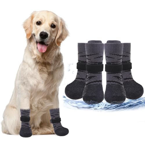 PUPTECK Anti Slip Dogs Shoes for Hot/Cold Pavement, Senior Booties, Rubber Boots & Paw Protectors for Small Medium Large Size Dogs to Prevent Licking, Grippy Socks for Hardwood Floors, Tiger M