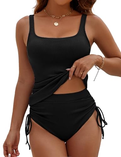 BMJL Womens Two Piece Tankini Ribbed Tummy Control Swimsuits Ruched Full Coverage Bathing Suits Swim Suit 2025