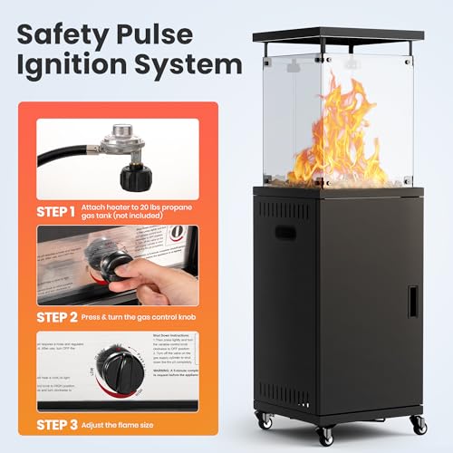 PATIOPIA 41,000 BTU Patio Heater,Propane Outdoor Heater With Cover,CSA Certificated, Lockable Wheels,Tempered Glass, Patio,Backyard,Balcony,Poolside, Inky - Image 5