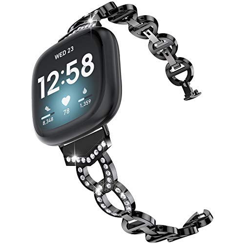 Glebo Dressy Bands Compatible with Fitbit Versa 3 Bands for Women, Sense Bands Women, Premium Metal Bands Replacement Straps Bracelet for Fitbit Sense Bands/Versa 3 Accessories Women Girls, Black