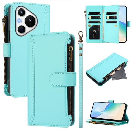 Rfvzubemok Compatible with Huawei Pura 70 Pro 5G,Compatible with Huawei Pura 70 Pro Plus 5G Cover,Flip Kickstand Double Card Slots Zipper Wallet Case Green2