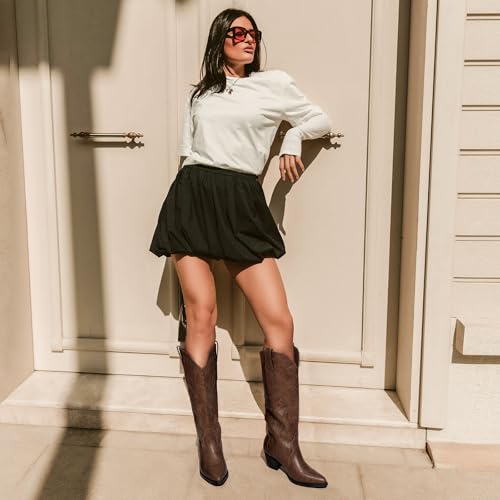 Image of Rollda Cowboy Boots for Women Cowgirl Boots Embroidered Knee-High Western Boots Pointy Toe with Chunky Heel