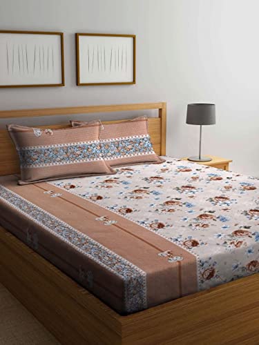 Image of IVAZA 144 TC Cotton All Around Elastic Fitted Printed King Size Double Bed Bedsheet with 2 Pillow Cover (72 inch x 78 inch, Brown)