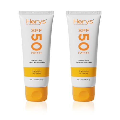 Image of Herys 1% Hyaluronic Sunscreen Aqua Gel SPF 50 PA++++ | Hyaluronic Acid for Deep, Long Lasting Hydration | Ultra Lightweight Texture I Non-Greasy, No White Cast | Broad Spectrum Protection & Blue Light Protection | Tan Protection | Photostable | For Men & Women | 50 g | Pack of 2