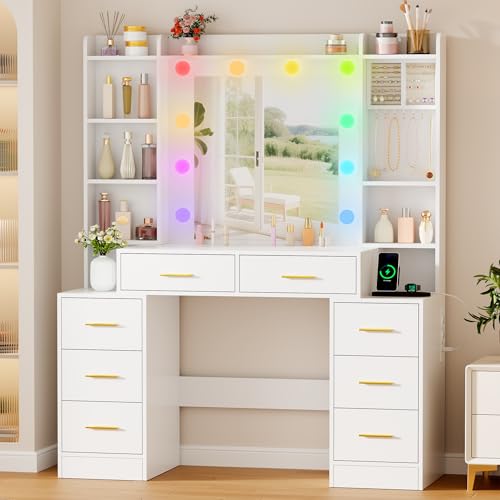Table de Maquillage et Coiffeuse 3-en-1 avec Miroir LED Intelligent, Miroir Hollywood RGB Couleurs & Bluetooth, 8 Grands Tiroirs avec Prise USB,2 Tables de...