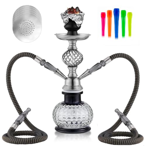 Hookah Shisha Set 2 Hose 12" Modern Shisha Hookah Large Clay Bowl 50 Mouth Tips and 50 Foil