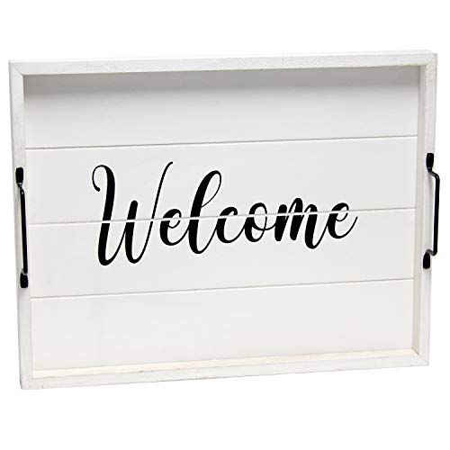 Elegant Designs HG2000-WWC 15.50" x 12" Decorative Wood Serving Tray w/Handles, White Wash Welcome