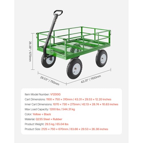 Happybuy 1200 Lbs Steel Garden Cart,Heavy Duty Pullable Garden Wagon Yard Cart,2 in 1 Outdoor Metal Utility Wagon Yard Trailer with 13\" All Terrain Tires,Removable Mesh Sides and 180° Rotating Handle