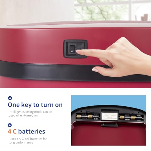 Image of BestOffice | 13 Gallon Stainless Steel Trash Can with Lid | Red | Automatic Touchless Garbage Can | Odor Control | Modern Oval Design | Easy to Clean | For Kitchen, Bathroom, Office or Home