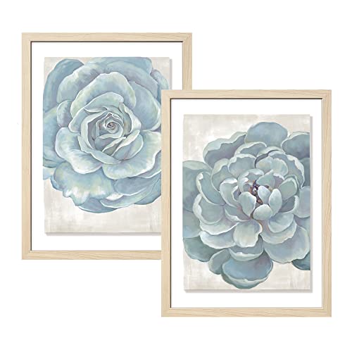 Artbyhannah 12X16 Framed Botanical Wall Art For Bathroom Decor, With Blue Peonies Plant Floating Prints, Natural Frames, 2 Pack #TOP22