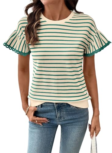 SHEWIN Women Summer Tops Ruffle Short Sleeve Shirts Business Dressy Blouse Casual Fashion Trendy Sweaters Loose Fit Work 2026 Clothes Size S, Beige and Green Stripe