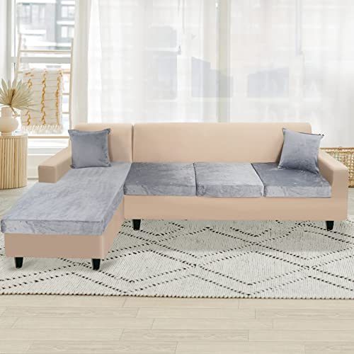 Naisi Sectional Couch Cover 4 Pieces Velvet Separate Couch Cushion Covers L Shape Soft Stretch Sofa Slipcovers With 2Pcs Pillowcases For Left/Right Chaise Sectional Couch(3 Seater+1 Chaise,Light Grey) #TOP1