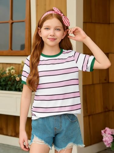 Image of Haloumoning Girls Striped Short Sleeve T Shirts Kids Summer Casual Tops Crewneck Tees Blouses 5-14Y