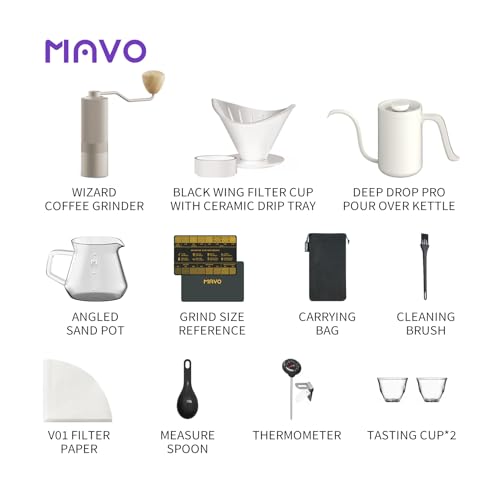 Image of MAVO Pour Over Coffee Maker Set, 12 in 1 Set Box, Manual Coffee Grinder, Pour Over Kettle, Ceramic Pour Over Dripper with Tray, Glass Servers, Coffee Cup, Paper Coffee Filter, White