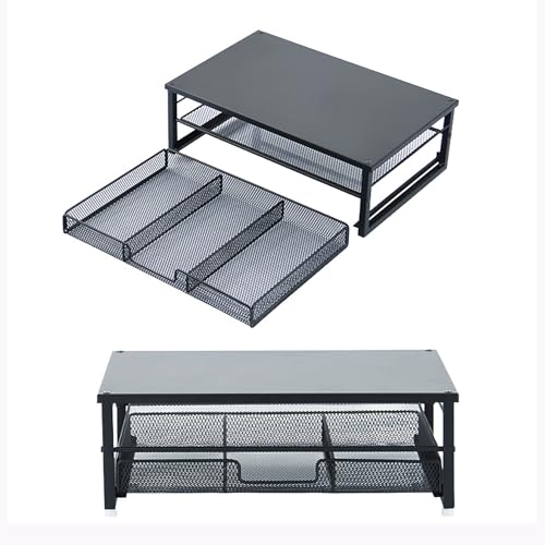 Myyixilau Desktop Monitor Stand with Drawers, 2-Layer Elevated Computer Laptop Riser with Storage, Metal Mesh Organizer Rack for Office