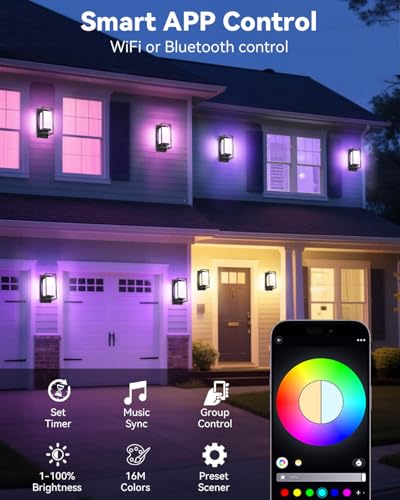 Image of SHIMR Smart Outdoor Wall Lights 2 Pack, WiFi RGB Color Changing Sconce 2700K-6500K Tunable White, Dusk to Dawn Outdoor Light Fixture with E26 Base for House Porch Garage, Work with Alexa & Google