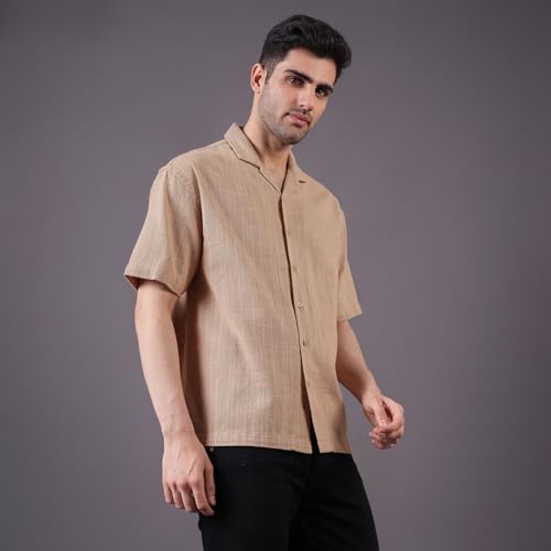 Image of Urban Scottish Men's Shirt, Cotton Dobby, Half Sleeve Oversized Fit, Soft Breathable Fabric, Lightweight Casual Summer Shirt, Stylish Relaxed Wear Khaki