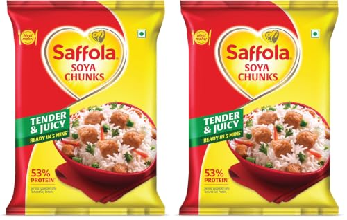 Image of Saffola Soya Chunks, Tender & Juicy, 53% Protein, 1kg (Pack of 2)