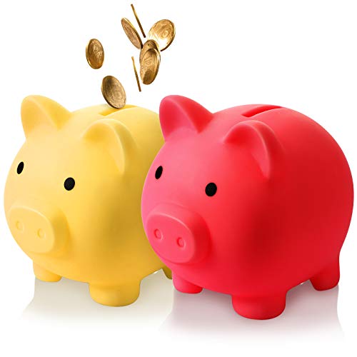 2 Pieces Cute Piggy Bank Cute Plastic Pig Money Bank Adults Unbreakable Piggy Bank Pig Money Box Coin Bank Plastic Saving Coin Box for Boys Girls Kids (Yellow, Red,M)